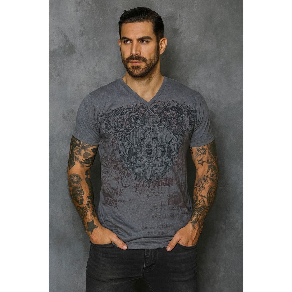 Retrofit AFFLICTION Like Gray Y2K V Neck T Shirt Tee Top  Mens Size Large